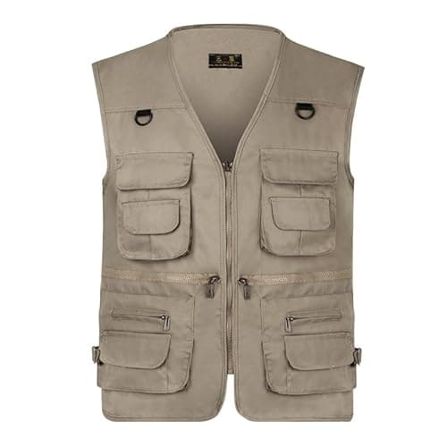 Image of AOTORR Men’s Fishing Vest Casual Outdoor Work Safari Fishing Photo Cargo Vest Summer Jacket With Multi Pockets Dark Khaki L