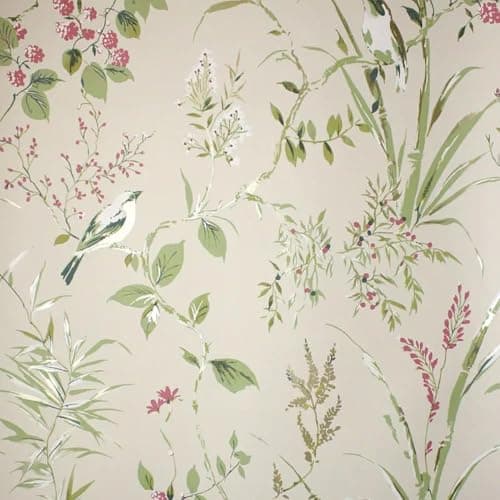 Image of Mariko Natural Wallpaper - Floral Treebird Leaves Botanical Naturistic - Metallic Effect Stylish Trendy Feature Wall