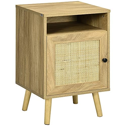 Image of HOMCOM Bedside Table Nightstand with Storage Shelf and Door Cupboard, Side End Table with Rattan Element and Tapered Leg for Living Room, Bedroom, Natural