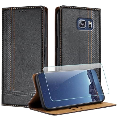 Image of JayModCase Case for Samsung Galaxy S6 Edge Plus with 1 Pack Screen Protector, PU Leather Flip Magnetic Buckle Wallet Cover with Card Slots Kickstand Compatible with Samsung S6 Edge Plus - Black