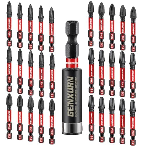 Image of GEINXURN Impact Tough Phillips 50 mm Magnetic Screwdriver Bit Set, 30 Pieces PH1 PH2 PH3 Insert S2 Steel Drill Driver Bits with 1Pcs Impact Bit Holder, Bulk