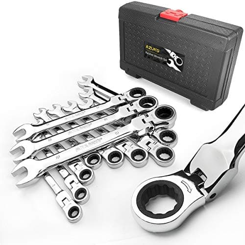 Image of AZUNO 12-Piece Metric Flex-Head Ratchet Spanner Set, 8-19mm Combination Spanner Kit, 72-Tooth Ratchet, 5° Swing Arc, 180° Flexible Head, Drop Forged Cr-V Steel with Storage Case