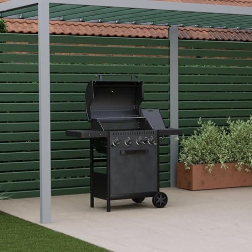 Image of CHARLES BENTLEY ottimo 350 4-Burner Gas BBQ Built-In Thermometer, Cast-Iron Cooking Grids, Side Burner, Matt-Grey Powder-Coated Finish & Storage Cabinet (123x58x110cm)