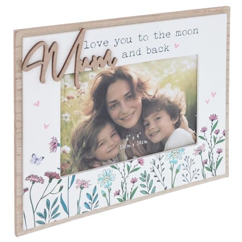 Image of Shudehill Giftware Sweet Meadow Pretty Flowers 6x4 Wooden Photo Frame - Mum I Love You To The Moon and Back, Mum Gift Ideas