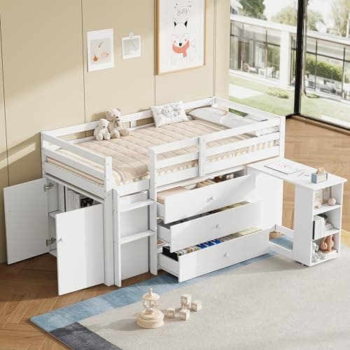 Image of Merax 3ft Single Modern Wooden Cabin Bed with Pull-Out Desk, 3 Drawers, Storage Cabinet & Shelves, Flexible Two-Way Installation, Space-Saving Loft Bed for Children, White (No Mattress)