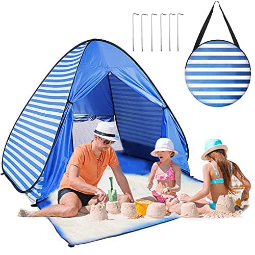 Image of Pop Up Beach Tent Shelters & Gazebos for Kids 2-3 Person Automatic Instant Beach Tent Windbreaker Camping Outdoor Baby Tent Fishing Sun Shelters for Family, Picnic, Garden (Blue stripes(curtain))