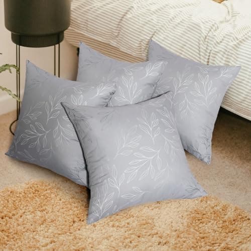 Image of Betadistor Set of 4 Cushion Covers 45x45cm Silver Leaves Modern Couch Sofa Decorative Throw Pillow Covers Pillow Cases Cushion Home Decor Square, Silver Grey, 503-0067