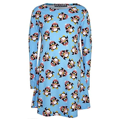 Image of A2Z 4 Kids Girls Dress Christmas Dress Round Neck Full Sleeves - Xmas Dress Penguin Blue 5-6