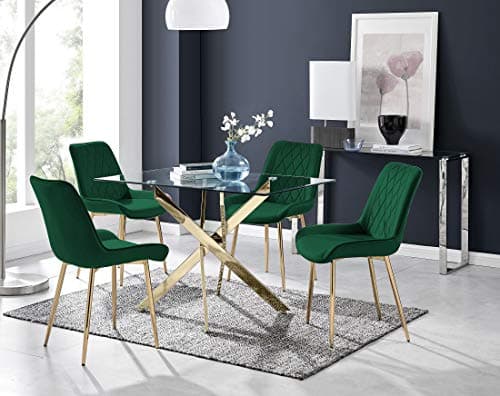 Image of Furniturebox UK Leonardo Rectangular Glass 4 Seater Dining Table with Gold Metal Starburst Legs Modern Minimalist Table with 4 Green Velvet Pesaro Gold Leg Dining Chairs