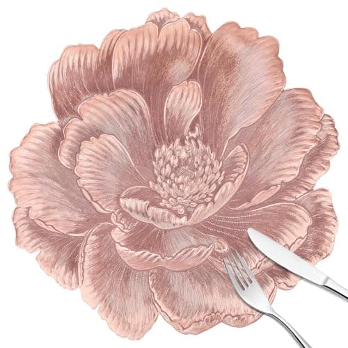 Image of fanquare Floral Round Placemats Set of 6 Elegant Rose Gold Lotus Flowers PVC Table Mats Washable Non-Slip Tablemats for Dining Kitchen Decoration 38cm