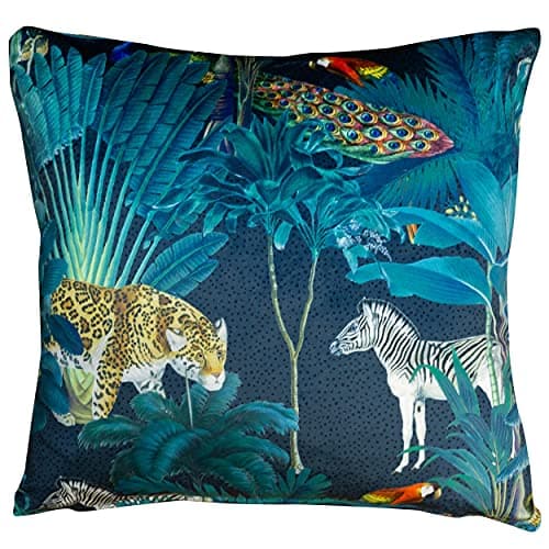 Image of Linen Loft Palm Forest Velvet Cushion Cover. Exotic Birds and Tropical Jungle Animals on a Bright Teal Background. Backed With a Plain Teal Super Soft Velvet. 17x17 Square Cover Only.