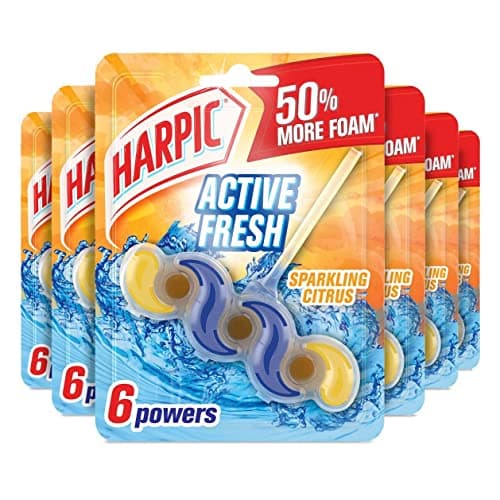 Image of Harpic Active Fresh Toilet Rim Block, Sparkling Citrus, Pack of 6, Anti-Limescale, Dirt Remover, Lasts up to 30 weeks and up to 1250 flushes, Toilet Cleaner, Toilet Freshener