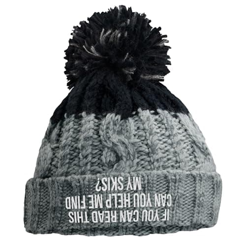Image of Funny Skiing Apres Beanie If You Can Read This Can You Help Me Find My Skis Ski Trip Accessory Winter Walking Unisex Embroidery Hat, One Size, Grey/Black