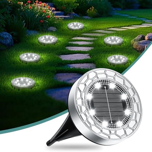 Image of FIFlying Solar Lights Outdoor Garden, 6 Pack Cold White 8 LED Stone Design Stainless Steel Solar Garden Lights, IP65 Waterproof Ground Light for Pathway, Lawn, Yard Decorative Lighting