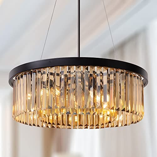 Image of Wellmet Drum Gold Crystal Chandelier, for Foyer Dining Room, 6 Lights Modern Crystal Pendant Light, Vintage Ceiling Lighting Fixture for Kitchen Island, Living Room, Bedroom, Hallway, W-21.65”