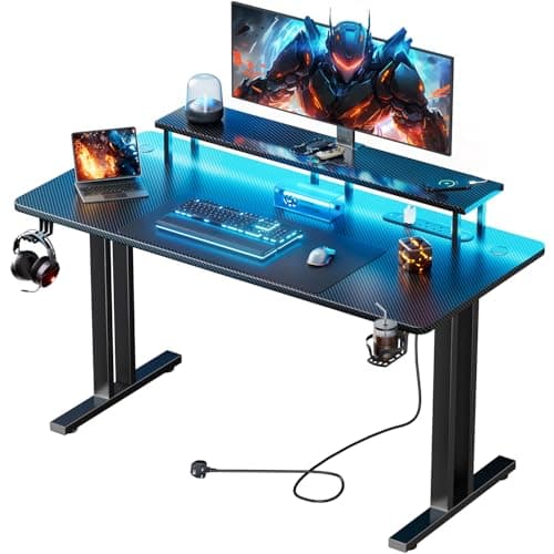 Image of DLONGONE 140 cm Gaming Desk with LED Lights, Computer Desk with 3 Power Outlets & 2 USB Ports, PC Desks with Monitor Stand, Cup Holder, Headphone Hook & Mouse Pad for Gaming, Work, Home Office, Black