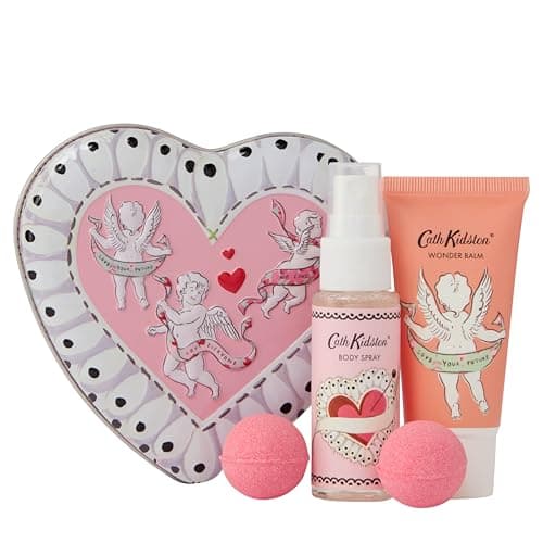 Image of Cath Kidston Body Spray and Wonder Balm x 2 30ml, Bath Fizzers x 2 10g, in Heart Shaped Tin, Shea Butter, Scented with Essential Oils, Travel Size, Vegan and Cruelty Friendly, Beauty Gift for Her