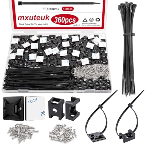 Image of mxuteuk 360Pcs Strong Back-Glue Self Adhesive Black Cable Zip Tie Mounts Kit with 6inch Zip Ties and Screws, UV Protection Outdoor Sticky Wire Fasteners Cable Clips Management