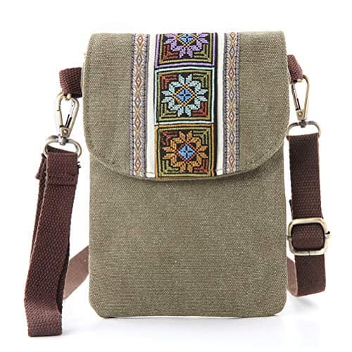 Image of Silkarea Vintage Embroidered Canvas Flip Small Crossbody Bag Cell Phone Pouch for Women Wristlet Wallet Bag Coin Purse, Army Green