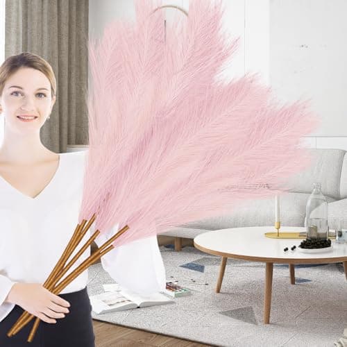 Image of Duscdesp 43'/110cm Pampas Grass Artificial - 6 Pcs Tall Fluffy Faux Pampas for Floor Vases,Wedding & Living Room Boho Decor (Pink)