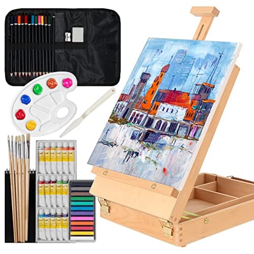 Image of Kuyal Wood Box Easel Artists Painting Set with 18 Acrylic Oil Paint Colors, 12 Color Pencil, 6 Artist Brushes, 1 Stretched Canvas, 12 Soft Pastels, Art Table Easel with Supplies