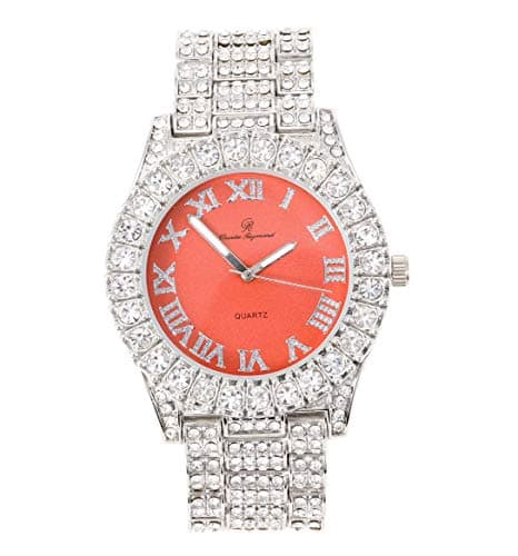 Image of Charles Raymond Women's Big Rocks Bezel Colored Dial with Roman Numerals Fully Iced Out Watch - ST10327LA (Silver - Peach), Silver - Peach, 7.5 inches, ST10327LA (Silver - Peach)
