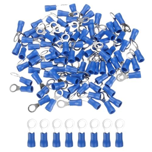 Image of sourcing map 100 Pcs RV2-5 Insulated Ring Electrical Wire Connectors Wire Terminals Wire Crimp Connector Kit 17-14 AWG for Electrical Projects Industrial Chemical Industry, Blue