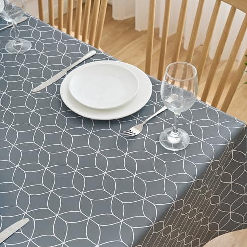 Image of Dehaus® Wipe Clean Table Cloth - Grey Geo Flow - Wipeable PVC Oilcloth Table Cover - Rectangular Plastic Vinyl Tablecloth - Water Resistant Easy Clean - Kitchen or Dining Protector (200 x 140cm)