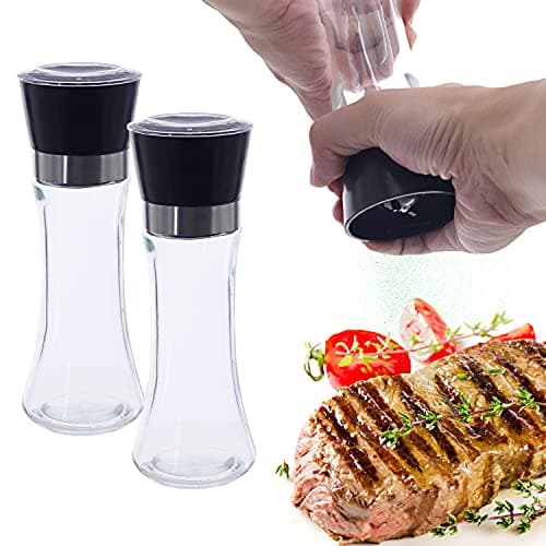Image of DBOO 2 Pack Salt and Pepper Grinder Mill Set - Manual Salt Pepper Shaker Set with Adjustable Brushed Stainless Steel Glass Body for Pink Salt,Pepper,Spices,No Salt/Pepper