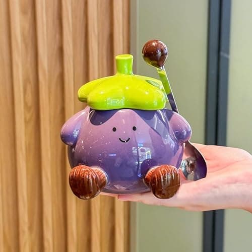 Image of STARRY G Ceramic Coffee Cup Set with Spoon & Lid, Cartoon Eggplant Coffee Mug Set, Novelty Drinking Cup, Tea Mug - 450ml Tea Cup for Afternoon Tea and Gift Giving (Purple)
