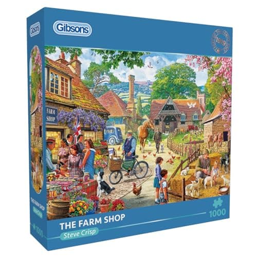 Image of Gibsons The Farm Shop 1000 Piece Jigsaw Puzzle for Adults – Summer Countryside Scene by Steve Crisp – Nostalgic British Artwork - Premium Sustainable Puzzle Made in the UK/EU - Great Gift