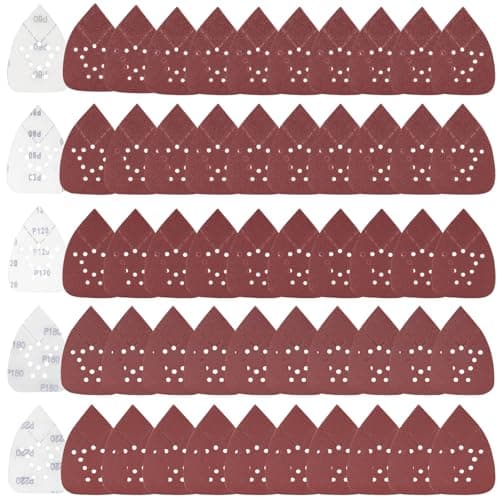 Image of XIATIAN 50 Pcs Mouse Sander Pads, 12 Holes Sanding Pads Hook and Loop Sander Sheets 60/80/120/180/220 Grits Sandpaper for Black and Decker Detail Palm Sander