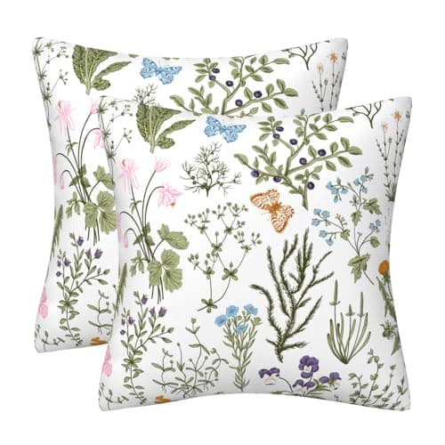 Image of Set of 2 Sage Green Wild Flower Plant Cushion Cover 45 x 45 Spring Summer Floral Soft Velvet Pillow Covers Decor Square Cushions Cases for Sofa Bed Couch Outdoor Home Decorations 18 x 18 Inch