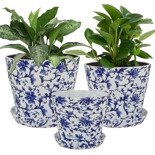 Image of BSTMOME 3PCS Creative Blue and White Flower Pot, Round PP Planters with Drainage Hole and Trays, Retro Planter Pot for Succulents Cactus Flowers Indoor/Outdoor Garden Decor (3 Sizes)