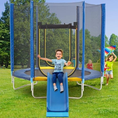 Image of APTILTON 7FT Trampoline with Slide, Safety Enclosure Net, Jumping Mat, Safety Pad, and Ladder – Kids Hexagonal Trampoline for Indoor & Outdoor Use for Toddlers and Children