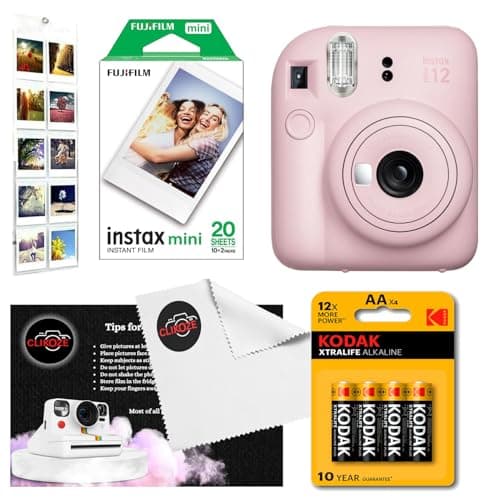 Image of Instant Camera Bundle with Fujifilm Mini 12 Camera, Fujifilm 20 Shot Mini Film, 4 x AA Batteries, Wall Album, Clikoze Lens Cloth and Instant Photography Tips Card (Pink)