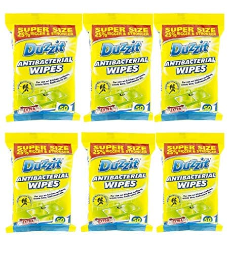 Image of Duzzit 300 Antibacterial Wipes Multipack. Kills 99.9% Of Bacteria - Sterilize Home Surface Cleaning Bulk - Six Packs Of 50 Wipes. Plus One Kerhoot Cleaning Hacks Booklet.
