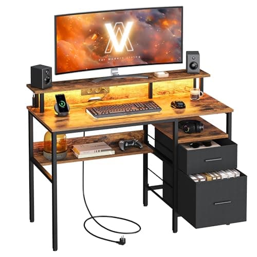 Image of VASAGLE Computer Desk with Fabric Drawers, Study Desk with Monitor Stand, LED Lighting, 55 x 120 x 90 cm, Built-in Power Outlets, 2 USB-A Ports, for Home Office, Rustic Brown LWD093K02