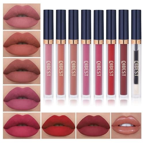 Image of 7Pcs Matte Liquid Lipstick + 1Pcs Lip Plumper Makeup Set Kit, Long-lasting Waterproof Velvet Lip Gloss Set, Pigmented Lip Makeup Gift Sets for Girls and Women