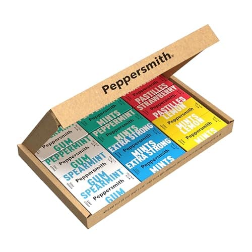 Image of Peppersmith - Ultimate Taster Pack - Peppermint Mints, Gum and Pastilles - 100% Plant Based Xylitol - Breath Freshener - Sugar Free Mints and Chewing Gum - Benefits Oral Health - Pocket Packs - 12x15g