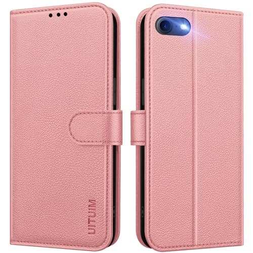 Image of UITUIM Phone Case for iPhone SE 2022 / SE 2020 / 8 / 7 / 6S / 6 - Leather Wallet Flip Cover with Card Holder, Shockproof Magnetic Folio Case, Pink