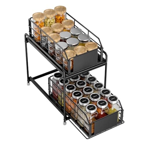 Image of Averrex Pull out Cabinet Organiser, 2-Tier Spice Rack, Cupboard Shelf Rack, Metal Kitchen Cupboard Organiser for Kitchen, Bathroom Storage