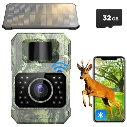 Image of Wildlife Camera WiFi Bluetooth, 48MP 30fps Solar Infrared Trail Camera with Night Vision Motion Activated 0.2s Trigger Trail Cam with 32GB SD Card, 2000mAh Battery Rechargeable for Wildlife Scouting