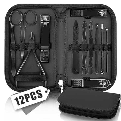 Image of 12Pcs Manicure Set for Women Men, Manicure & Pedicure Tools & Accessories, Professional Nail Kit Manicure Set, Nail Cleaning Kit for Home, Nail Grooming Kit with Black Leather Travel Bag