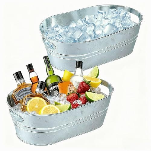 Image of 2-Pack Extra Large 14L Ice Buckets with Handles - Galvanized Steel Beverage Tubs for Champagne, Beer, Cocktails - Rustic Industrial Drink Tub for Mimosa Bar, Wedding, Backyard Parties