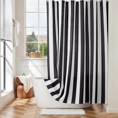 Image of Ohocut Vertical Striped Shower Curtain, Cute Retro Vintage Black and White Stripe Bathroom Shower Curtain, Waterproof Polyester Fabric Modern Bath Curtain for Bathroom 180x180cm