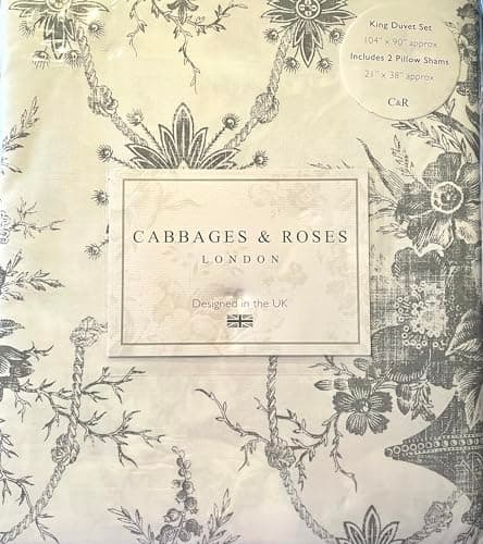 Image of Cabbages & Roses of London Luxurious Home Collection 100% Cotton Percale Crisp & Cool, Wrinkle Free Hotel Quality 3pc Duvet Set (Burleigh-Charcoal Shanny, King (U.S. Standard))