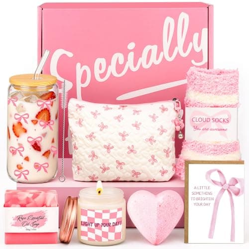 Image of Birthday Gifts for Women, Rose Self Care Gifts Set for Her, Pink Spa Gift Basket with Glass Tumbler, Cosmetic Bag, Scented Candle, Thank You Gifts for Mum, Best Friend, Christmas, Valentines Day