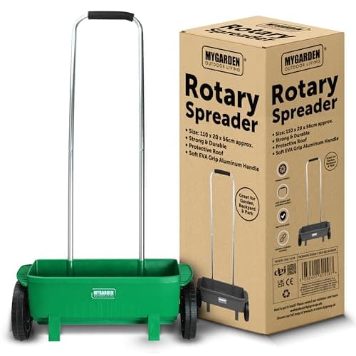 Image of My Garden Lawn Spreader 12 Litre Rotary Seed Grit Salt Spreader with Protective Roof & 110CM Long Handle Grass Spreaders on Wheels Adjustable Speed Rate On/Off Ideal for Garden Outdoor Pathways
