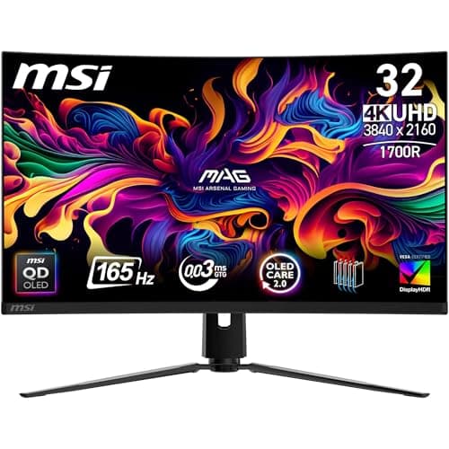 Image of MSI MAG 321CUP QD-OLED 32 Inch UHD Curved Gaming Monitor - 1700R, 3840 x 2160 Quantum Dot Panel, 165Hz / 0.03ms, 99% DCI-P3, ΔE≤2, DisplayHDR True Black 400, DP 1.4a, HDMI 2.1, USB Type-C